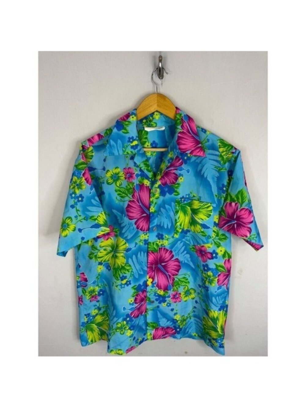 Vintage Royal Hawaiian 70s Mens XL Blue Pink Floral Hibiscus Button Shirt Hawaii